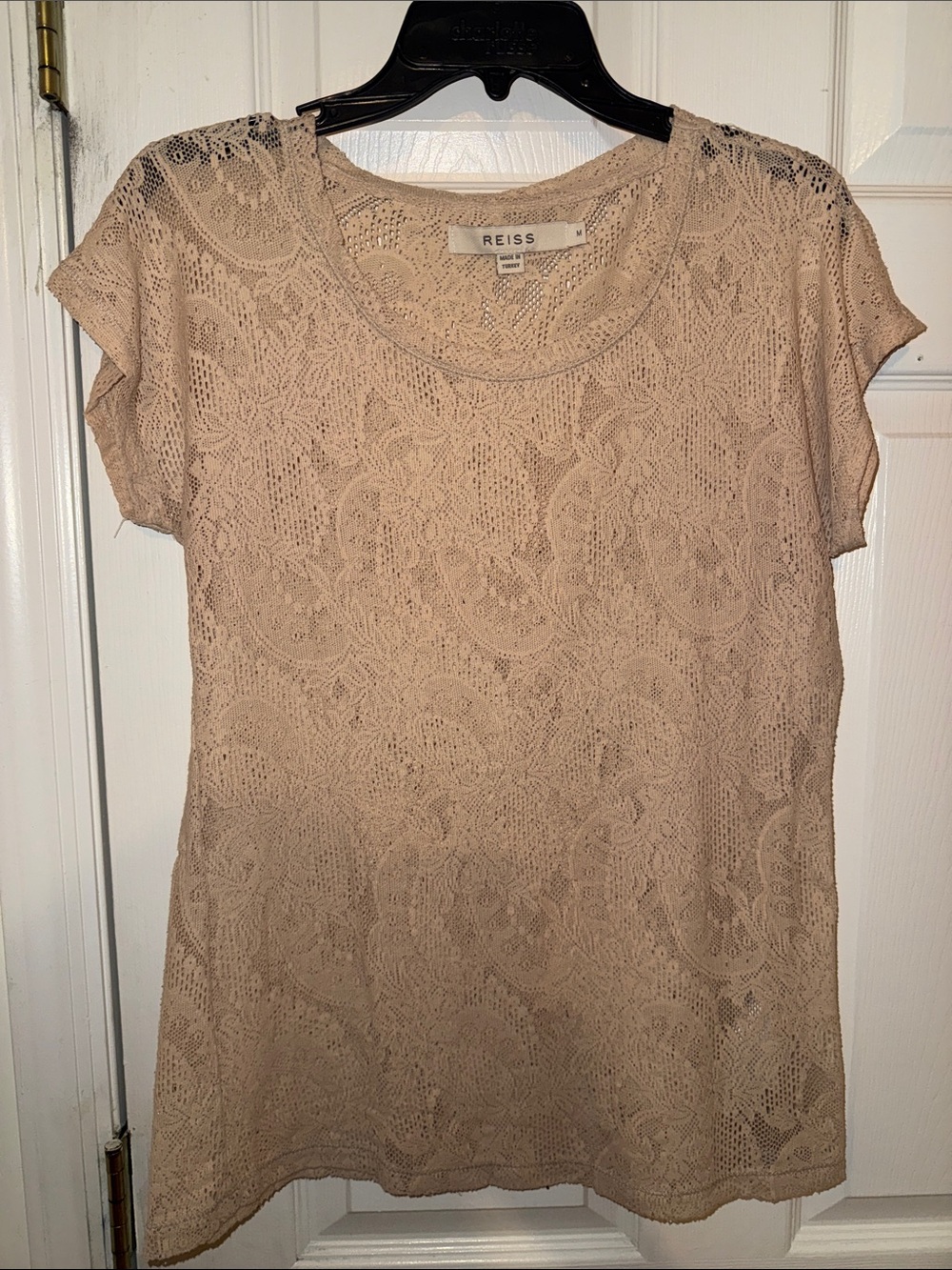 Reiss Beige Lace Short Sleeve Scoop Neck Top